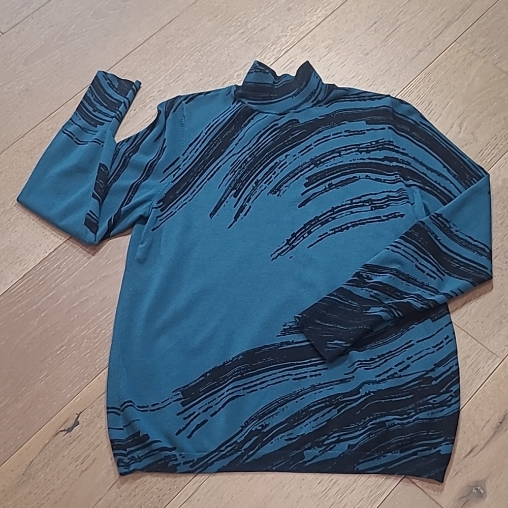 Chico's Sweater Women's sz 1/M Green/Black Abstract Mock Neck Lightweigh Sweater